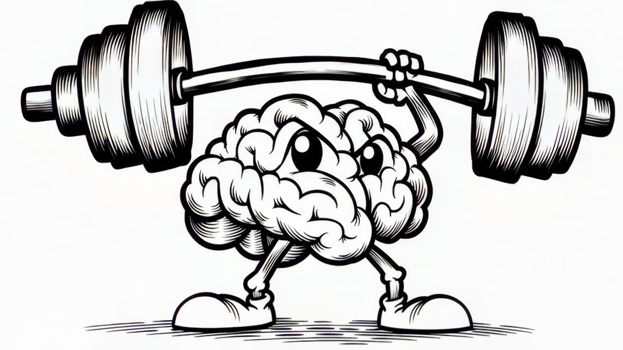 Cervello a cartone animato che solleva pesi - Concetto di forza mentale