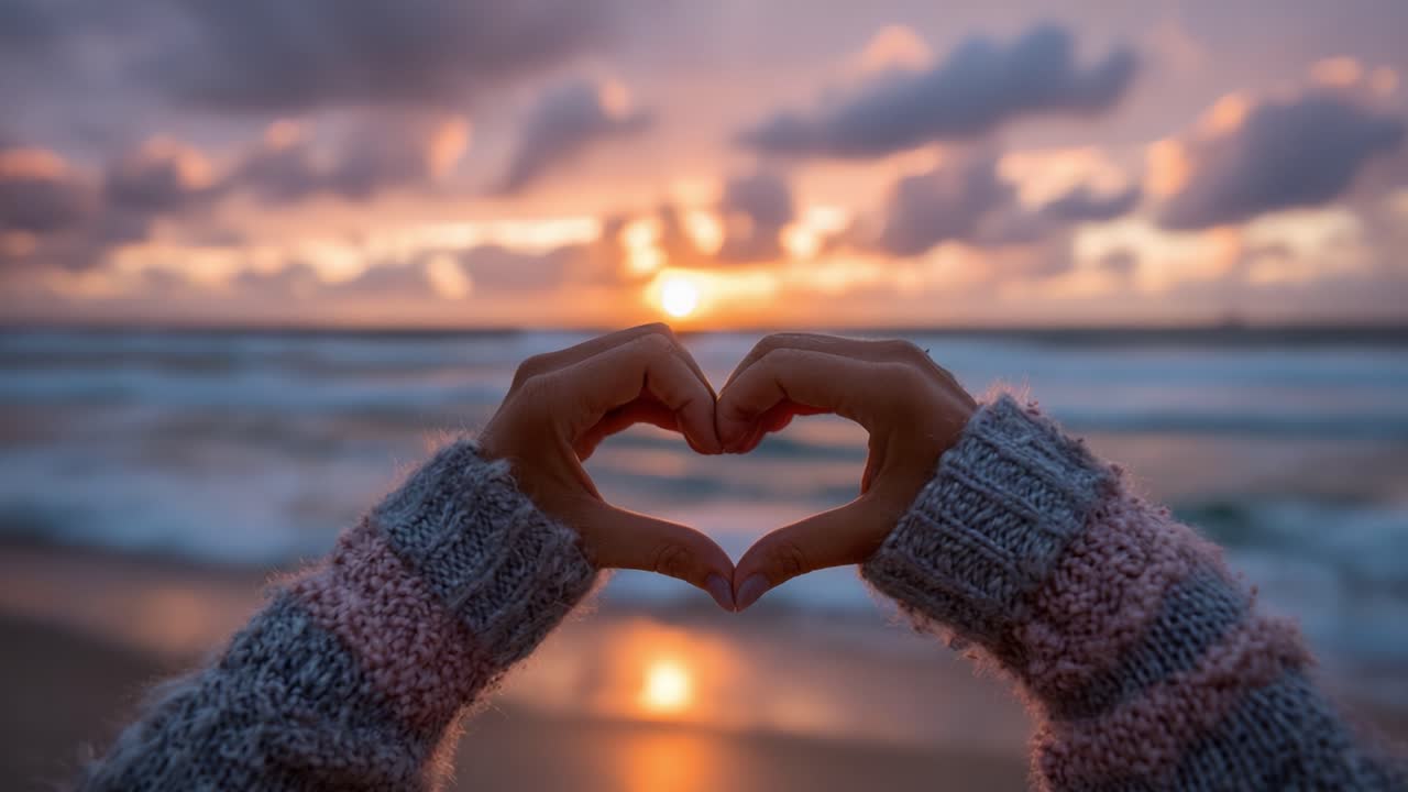 A Beautiful Sunset Moment Captured with Heart-Shaped Hands, Highlighting Connection and Nature's Splendor by the Ocean Shoreline
