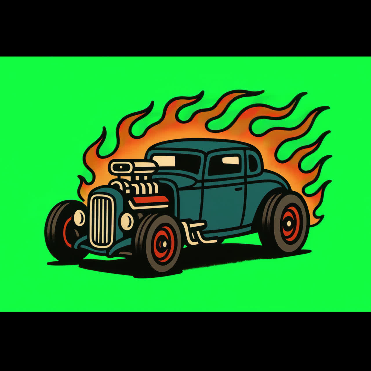 Vintage hot rod illustration flames animation isolated asset, transparent 4K video, alpha channel