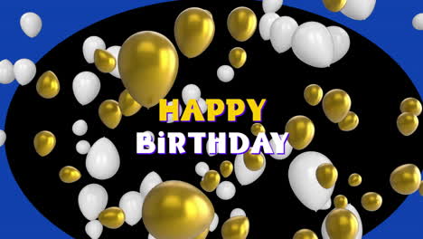 happy birthday text over animation of floating gold and white balloons