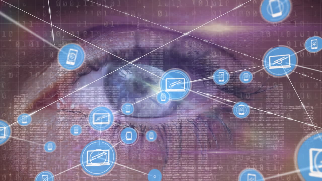 анимация сети соединений с иконами и обработкой данных над глазом кавказской женщины