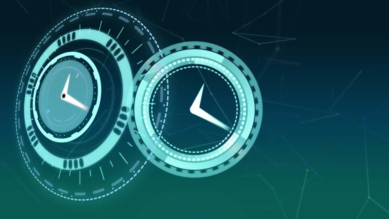 Animation of moving clocks over blue and green background with lines