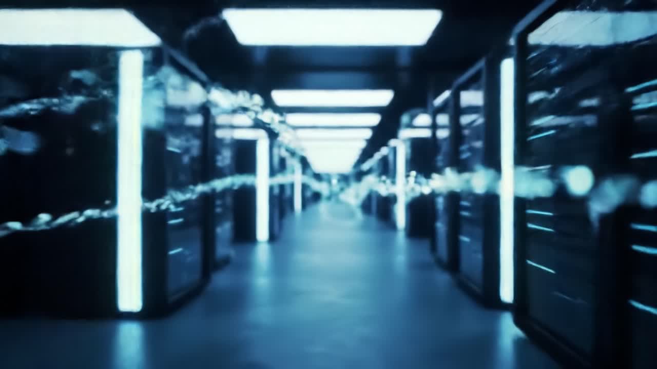 This clip showcases a modern data center filled with illuminated server racks. The lively atmosphere is enhanced by the glow of blue lights, emphasizing the technology within.