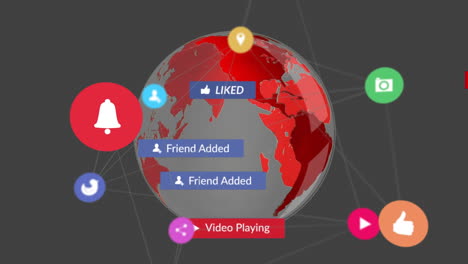 animation of falling social media icons and emojis over network of connections and globe