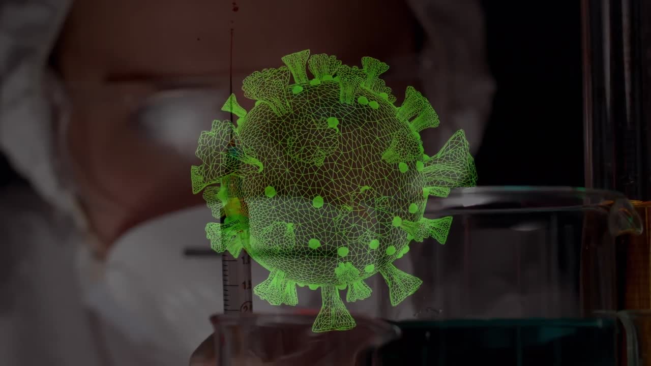 animación de las células de covid 19 sobre el científico con máscaras faciales