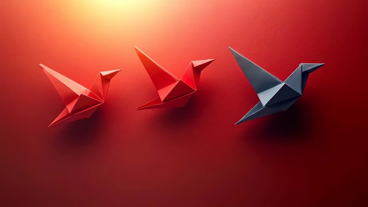 Red and black origami birds on red background. Three paper cranes in red and dark grey colors placed on a textured red flat surface