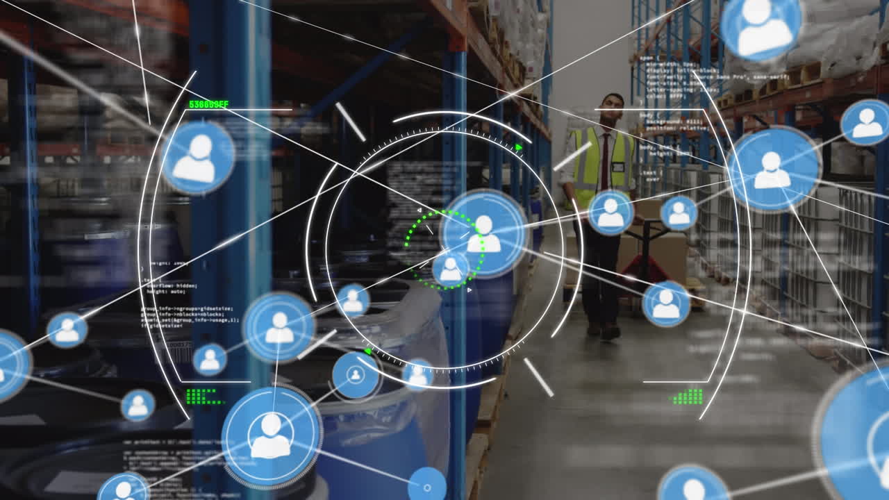 연결 네트워크의 애니메이션과 창고의 백인 남성 노동자에 대한 범위 스캐닝