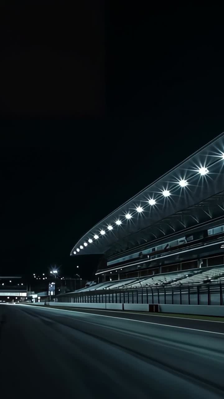 Vertical video: Presenting empty pit lane and grandstand under floodlights at night, copy space