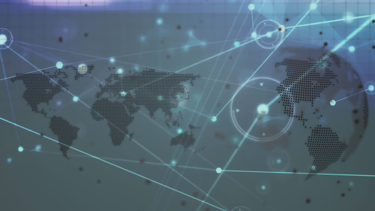 Animation of network of connections over globe and world map on white background