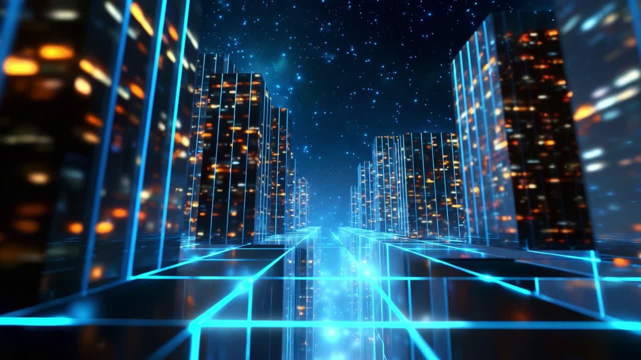 An Impressive Neon Cityscape Glows Under a Starry Sky, Showcasing Futuristic Urban Architecture with Illuminated Skyscrapers and a Luminous Pathway Leading into the Distance