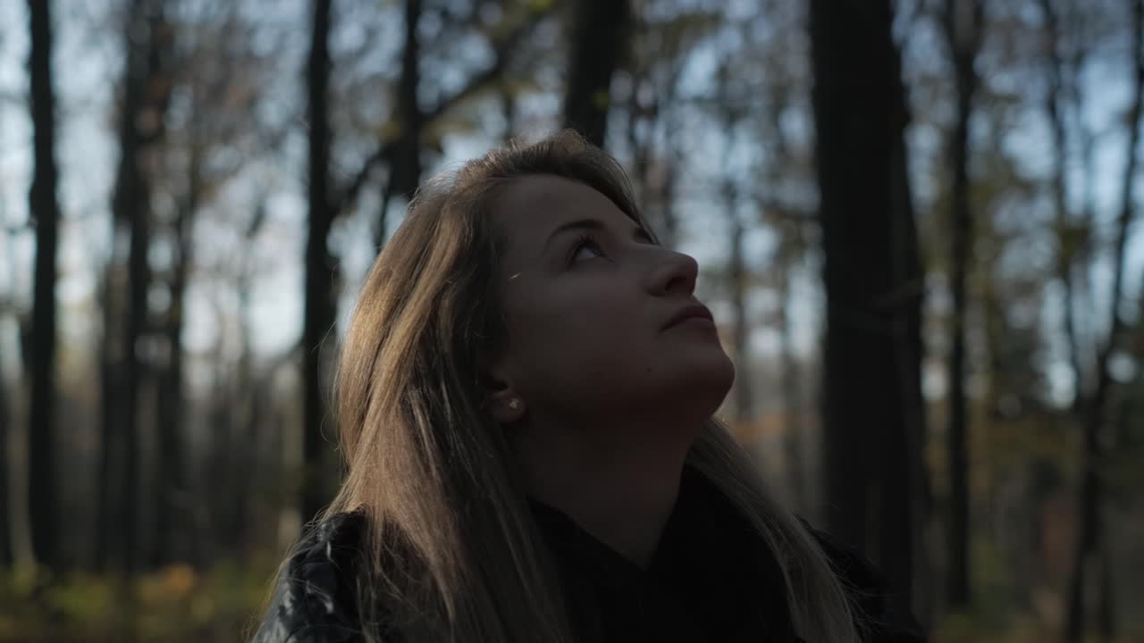 mujer mirando árboles en el bosque mujer mira hacia arriba mientras camina en el bosque en otoño