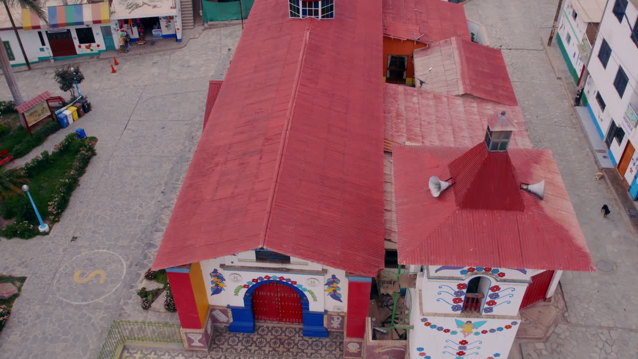 Overtake Shot Of Distinctive Colorful Church In Antioquia Town, Peru, Lima