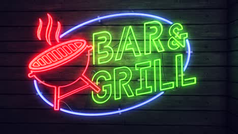 Realistic-render-of-a-vivid-and-vibrant-flashing-and-flickering-animated-neon-sign,-with-the-words-Bar---Grill,-on-a-wood-panelled-wall-background