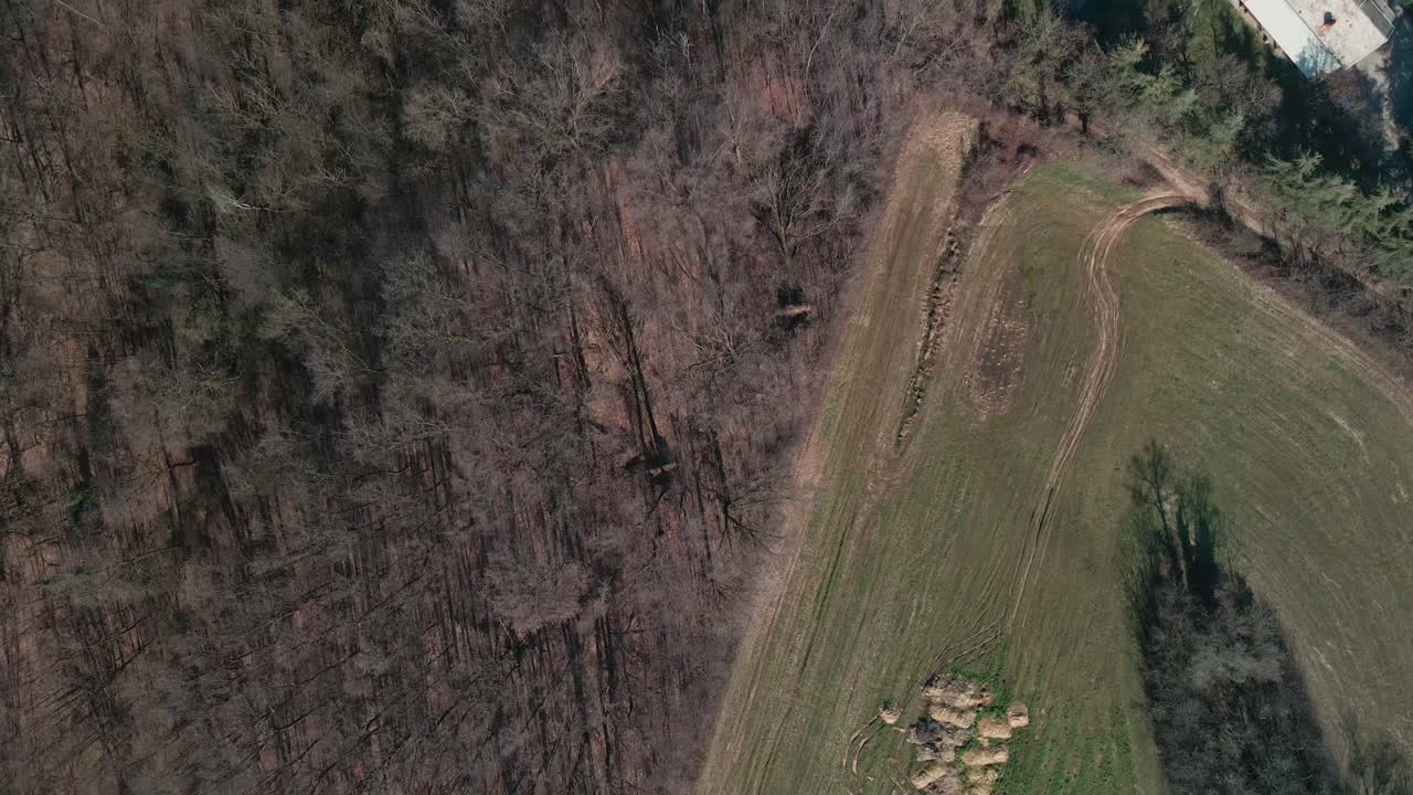 vista de arriba hacia abajo del paisaje rural con campos agrícolas y bosques en el norte de italia durante el día - toma aérea de drones