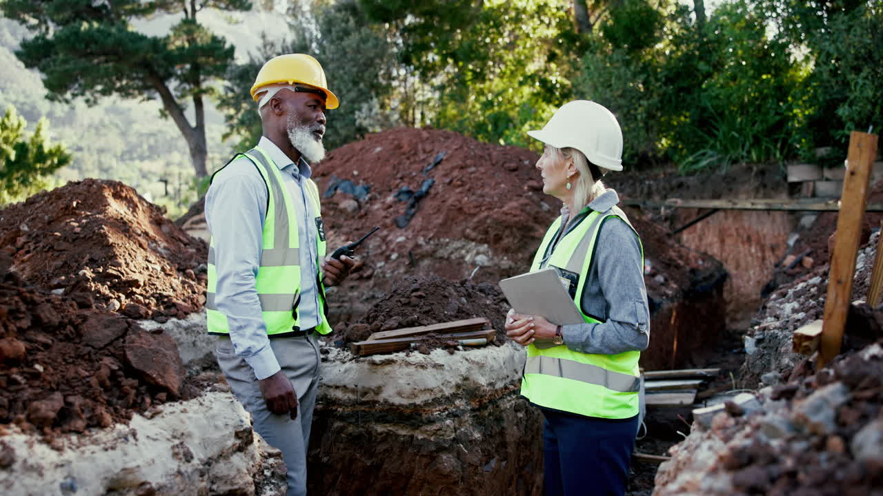 Construction workers discussing plans on site