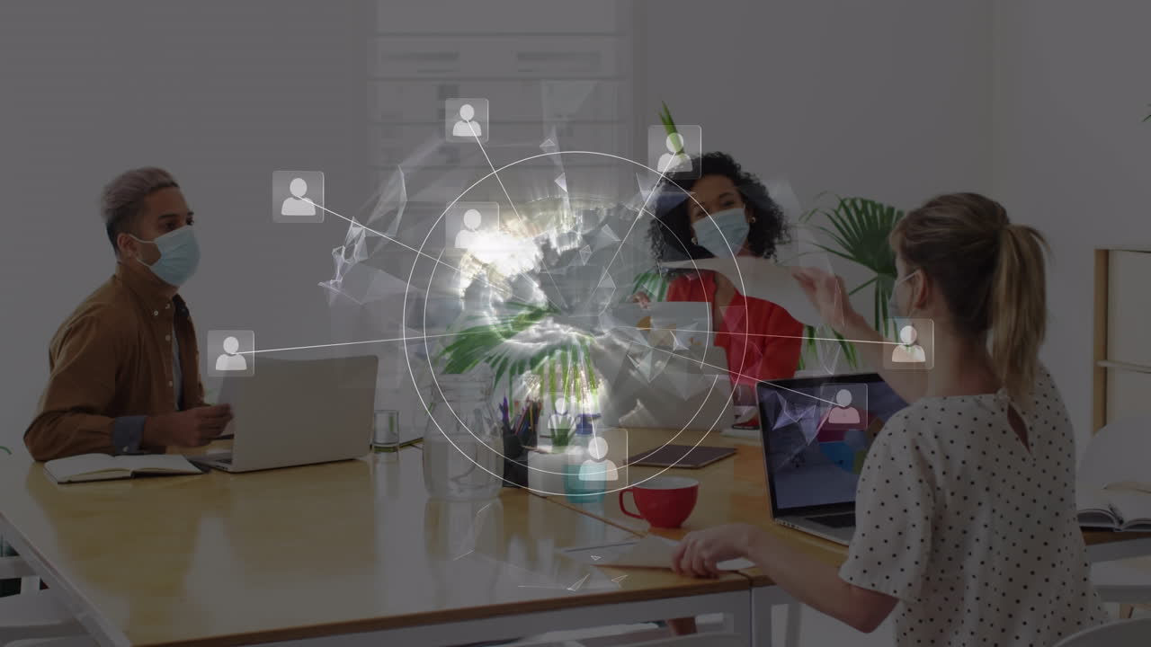 animación de la red de conexiones con iconos sobre diversas personas de negocios con máscaras faciales