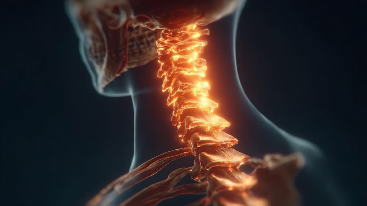 Una splendida visualizzazione della colonna vertebrale umana che evidenzia le vertebre cervicali e la loro intricata struttura con elementi luminosi e pelle traslucida.