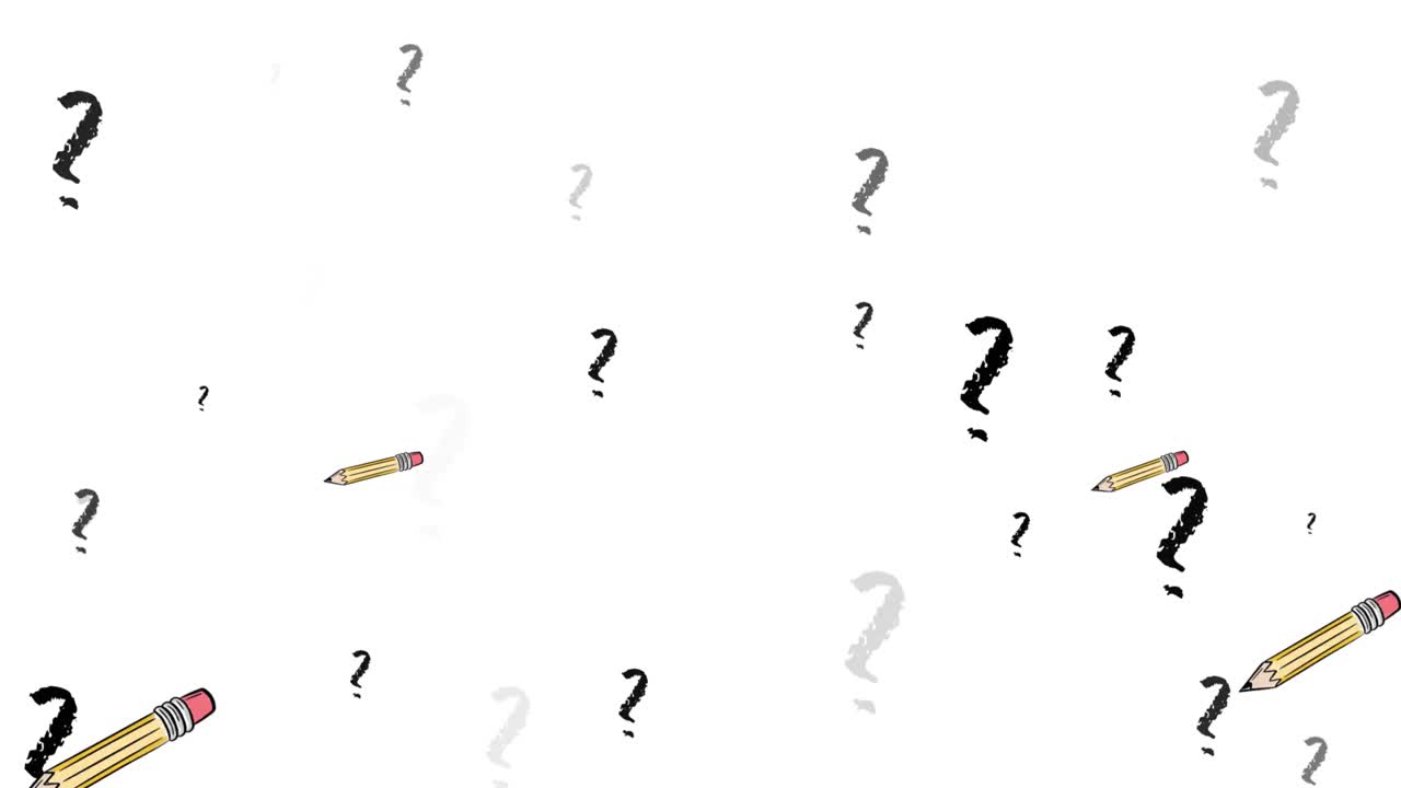 Animation of pencil icons and question marks over white background