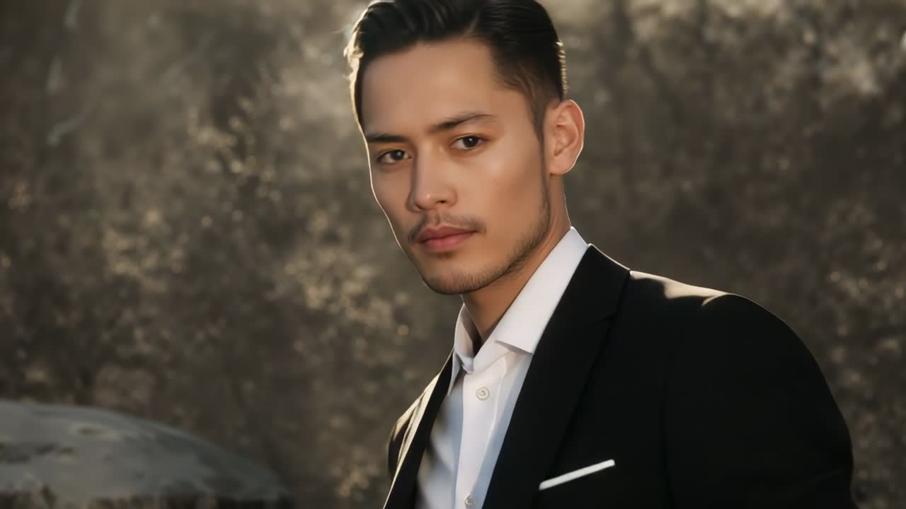 ファッションスタジオで、指示を受けてポーズを調整する男性モデル。リムライトに照らされ、カフリンクスとポケットチーフを見せている。