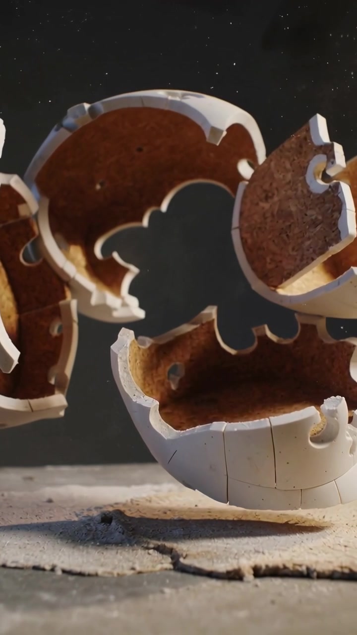 Vertical video: Cracking white shell sphere shedding puzzle pieces on cracked ground, exposing core