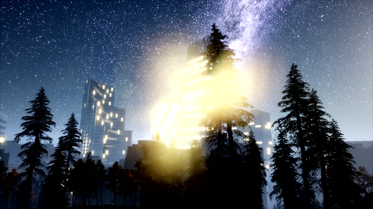 rascacielos de la ciudad por la noche con estrellas de la vía láctea