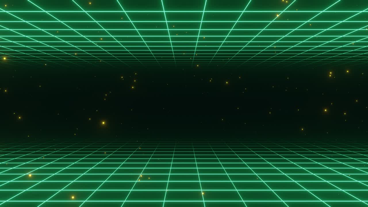 네온 산의 풍경을 배경으로 한 레트로 파동의 해가 지는 모습.