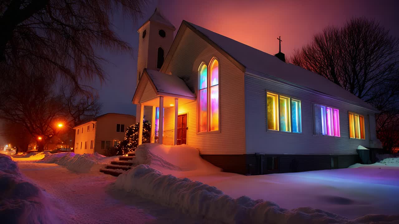 A Beautiful Church Illuminated by Vibrant Colors and Surrounded by Snow at Night, Showcasing Colorful Stained Glass Windows That Reflect the Tranquility of a Winter Evening in a Peaceful Neighborhood