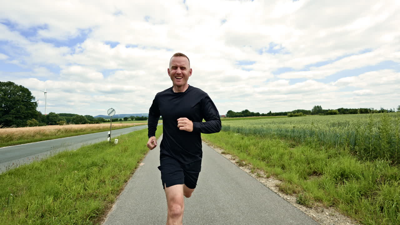 Uomo atleta che fa jogging all'aperto. Uomo in maglietta e pantaloncini neri che corre in campagna, da qualche parte in Europa. Stile di vita sano.