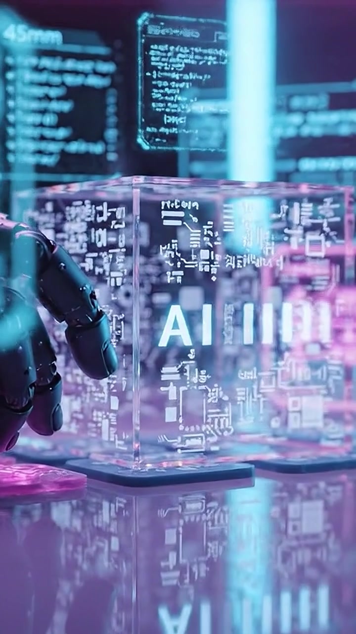 Futuristic Interaction Between Robot Hand and AI-Infused Cube Amidst Vibrant Neon Environment Captured in Two Frames Highlighting Tech Innovations