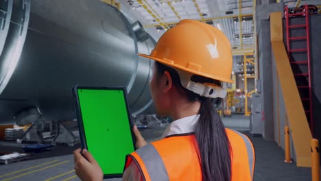 vista posterior cercana de una ingeniera asiática con casco de seguridad trabajando en una tableta de pantalla verde y mirando a su alrededor en una fábrica de fabricación de tubos