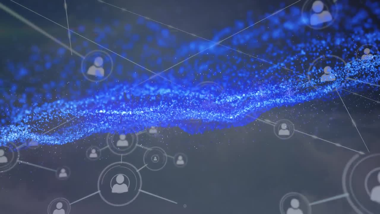 반 ⁇ 이는 빛 트레일과 디지털 아이콘을 통해 연결 네트워크의 애니메이션