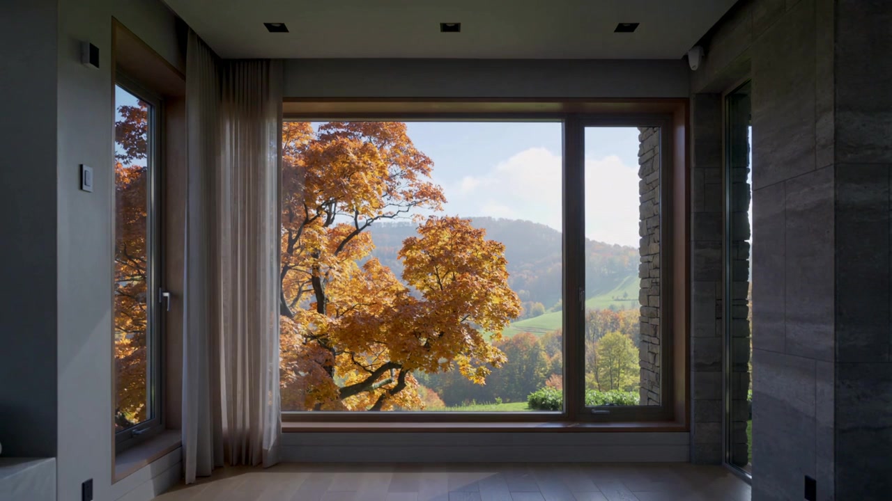 Luce solare che si sposta attraverso una finestra panoramica, mostrando un albero di arancio visibile da casa, con foglie che si muovono e il tempo che passa.
