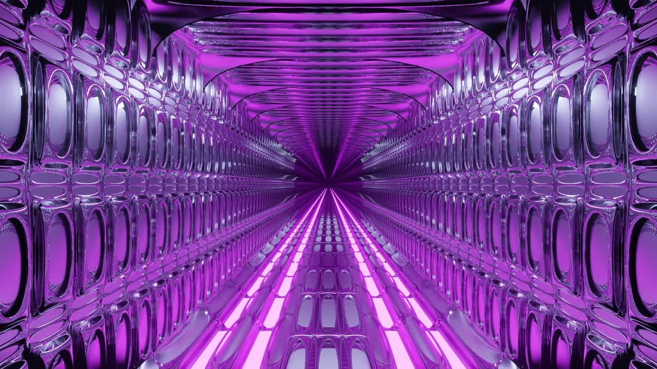 ciencia ficción de gráficos en movimiento: túnel de transporte púrpura cerrado rectangular para viajes futuristas a lo largo de vías de tren divididas en paralelo, concepto
