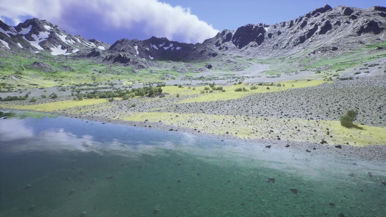 Breathtaking panoramic depiction of towering snowcovered mountains and lake