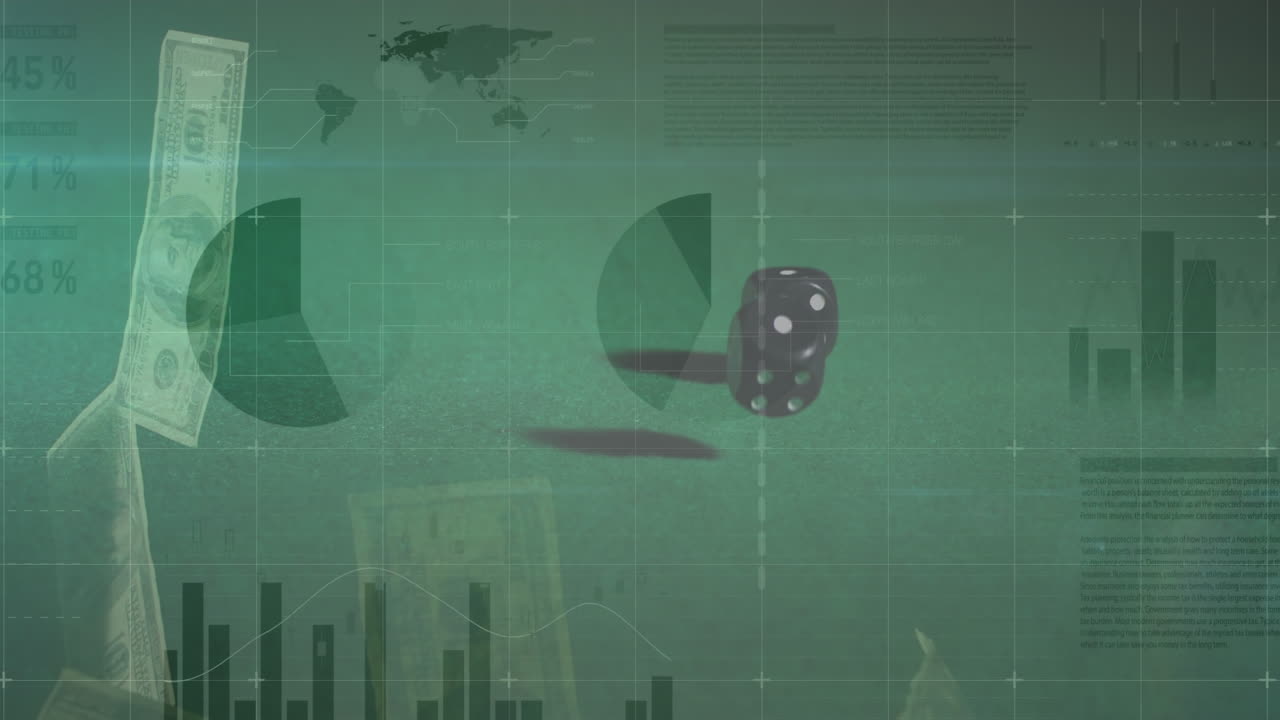 Animation of data processing over banknotes and dices