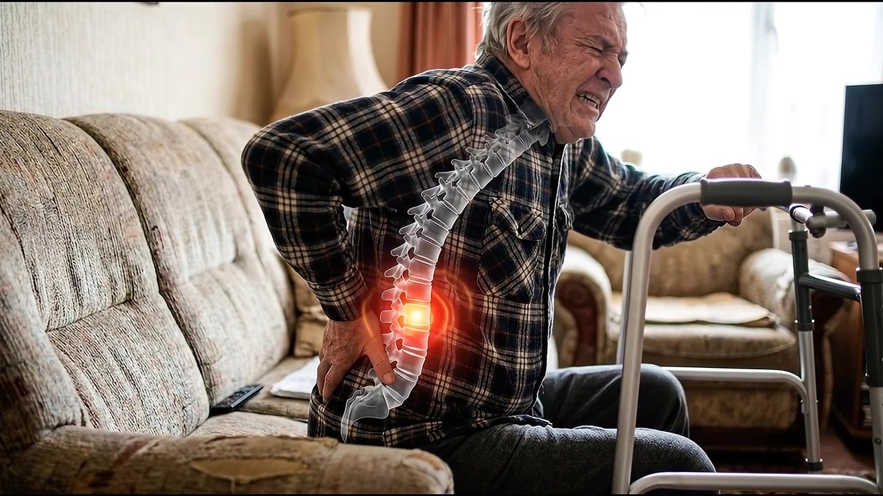 Elderly Man Suffering from Severe Back Pain Using a Walker
