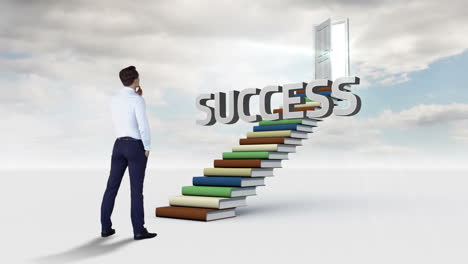 businessman looking at a word on a stair made of books