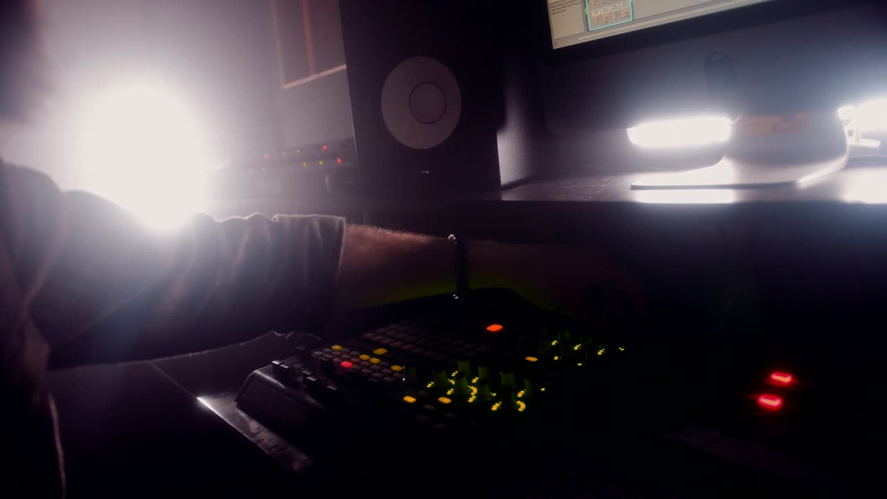 DJ profissional trabalhando na mesa de som e produzindo música eletrônica.