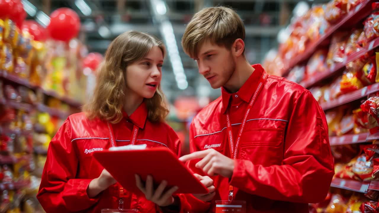 Two employees in a store, both wearing bright red jackets, engaged in a thoughtful discussion while analyzing information on a tablet in an aisle filled with colorful products