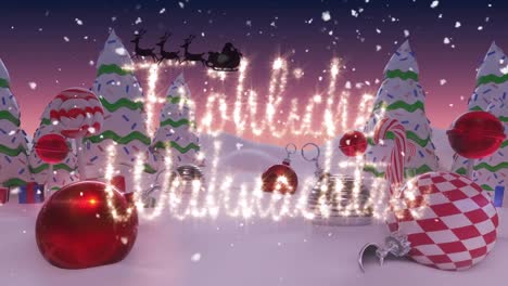 Animation-of-season's-greetings-text,-santa-claus-in-sleigh-with-reindeer-and-christmas-baubles