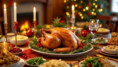 festive christmas dinner table with roasted turkey and holiday decorations