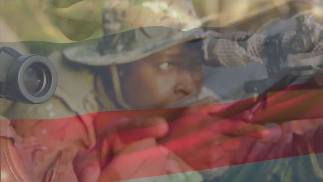 Animation of flag of germany over african american soldier with gun