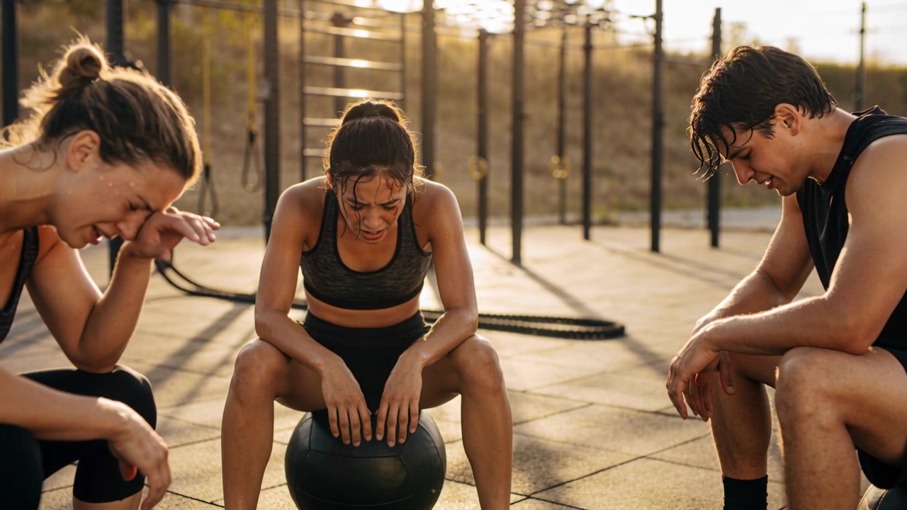 Resting 3 partners in workout gear breathing after intense set at outdoor gym, with medicine ball