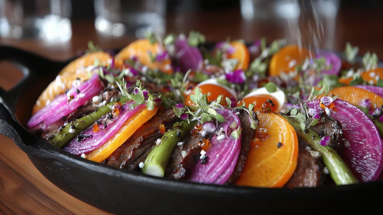 Vibrant and Colorful Dish Served in a Skillet, Featuring a Delicious Assortment of Grilled Meats, Fresh Vegetables, and Bright Citrus Garnishes