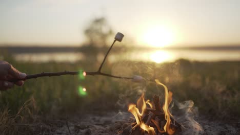 roasting marshmallows over bonfire on the beach at sunset