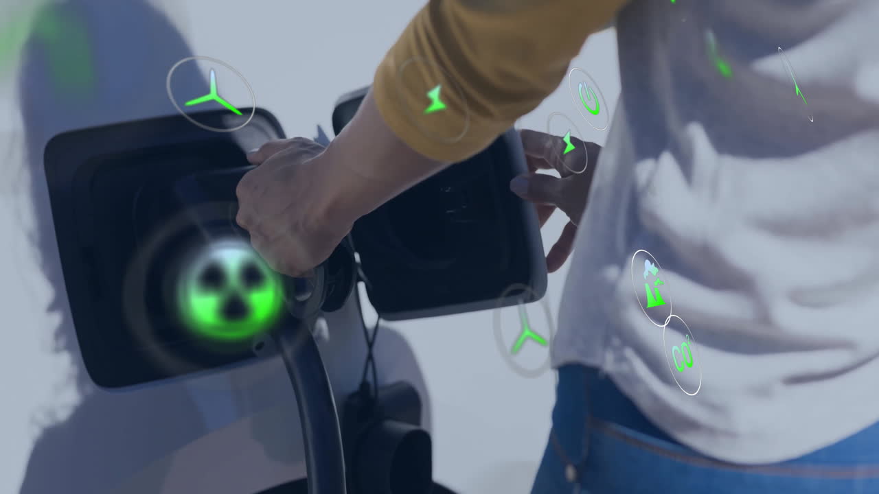 전기 자동차를 충전하는 백인 남성에 대한 생태 아이콘과 데이터 처리의 애니메이션