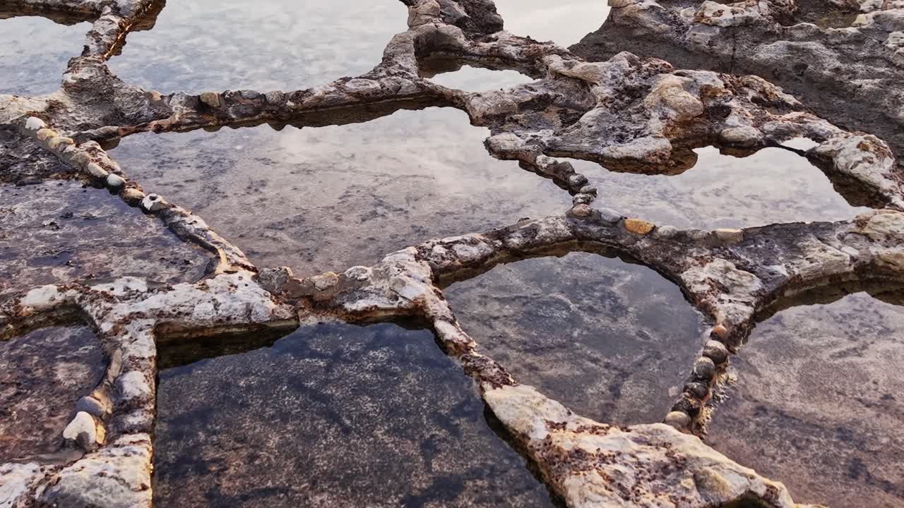 Saline a Malta al tramonto con l'acqua che riflette il cielo