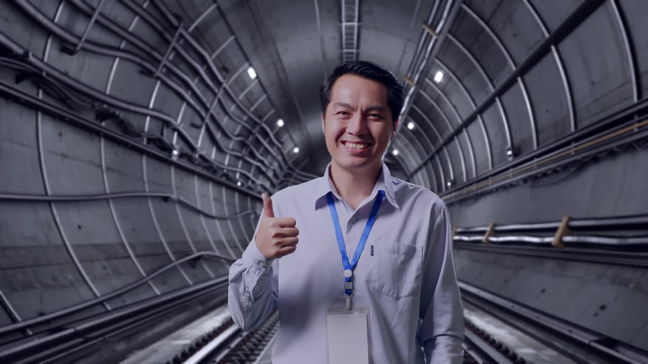 Shot Captures Of An Asian Male Professional Worker Standing In Underground Subway Tunnel, His Broad Smile At The Camera And Thumbs Up