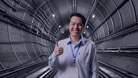 shot captures of an asian male professional worker standing in underground subway tunnel, his broad smile at the camera and thumbs up