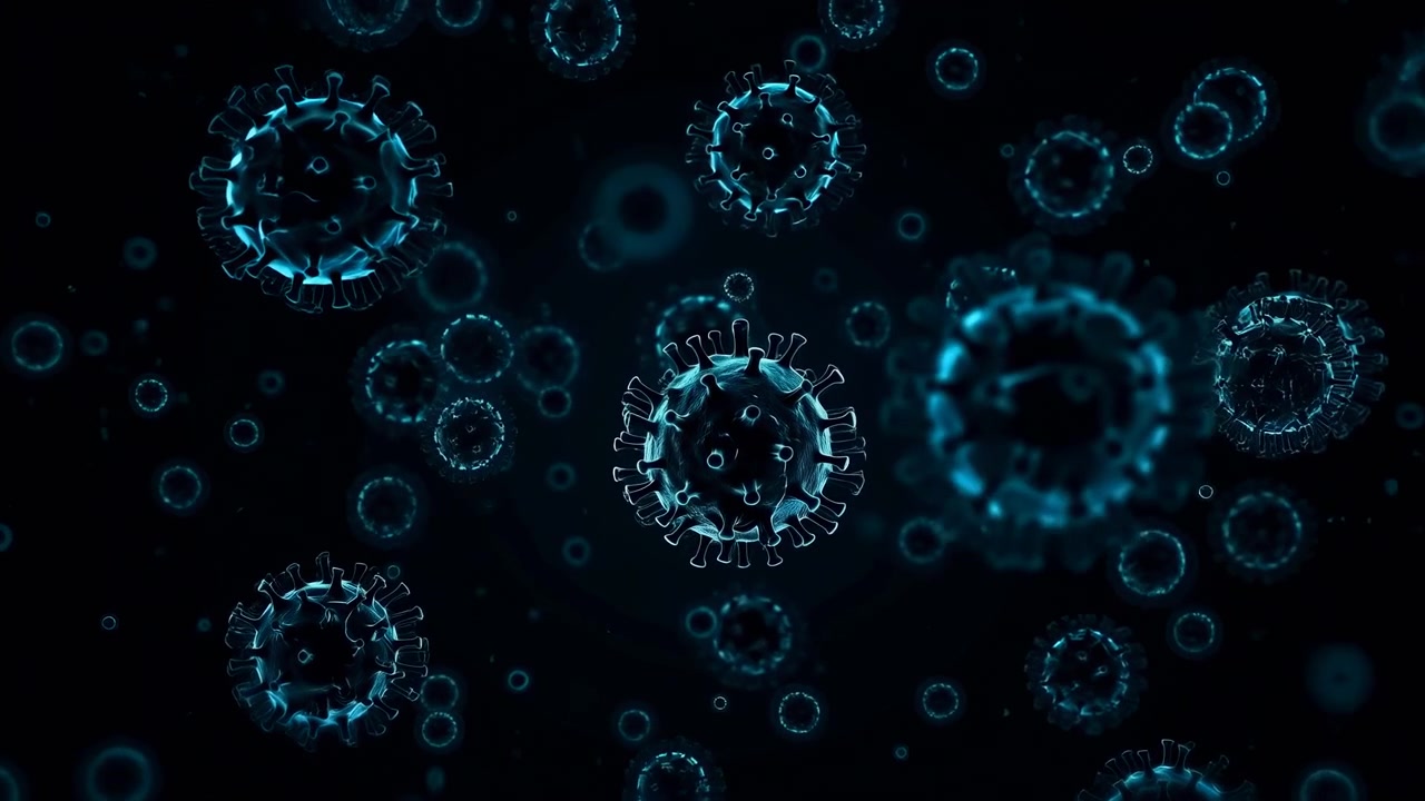 Close-up motion shows numerous spherical virus-like particles drifting through dark space with cyan rim light, layered depth, soft focus shifts, and subtle parallax across dense suspended clusters